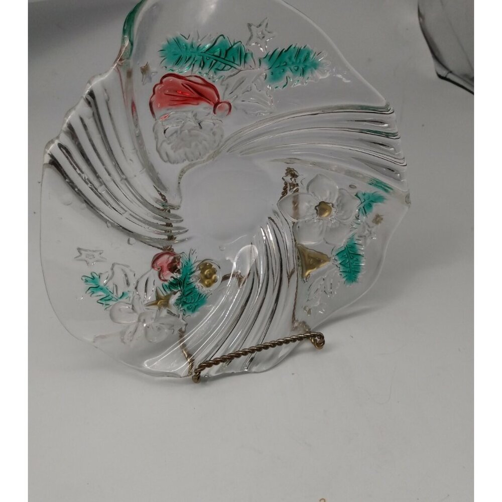 Clear Glass Christmas Candy Bowl/Platter with etched Santa & Florals 9" Diameter